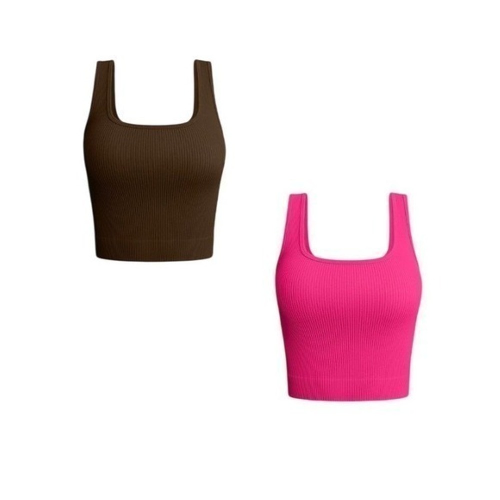 OQQ 2 Pack Ribbed Cropped Tank Tops Coffee and Pink Medium M‎ NWT